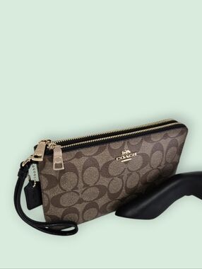Coach Khaki And Brown Signature Coated Canvas Large Double Corner Zip Wristlet